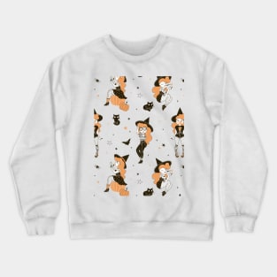 Trendy Naughty Cartoon Urban Girl Witch Pattern on Ghost White Crewneck Sweatshirt